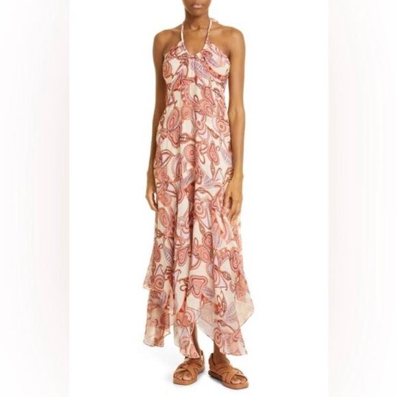 A.L.C. Nude Peach Multi Silk Amina Handkerchief Hem Midi Dress Sz.8 NWT - Picture 2 of 16